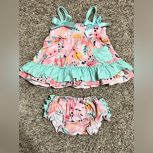 Pink & Teal Spring Floral Swing Dress & Ruffle Bloomers, 
6/12MOS, 2 piece set - Picture 1 of 3